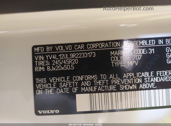 YV4L12UL9R2233173 2024 VOLVO XC40 White ძრავის განყოფილების ხედი