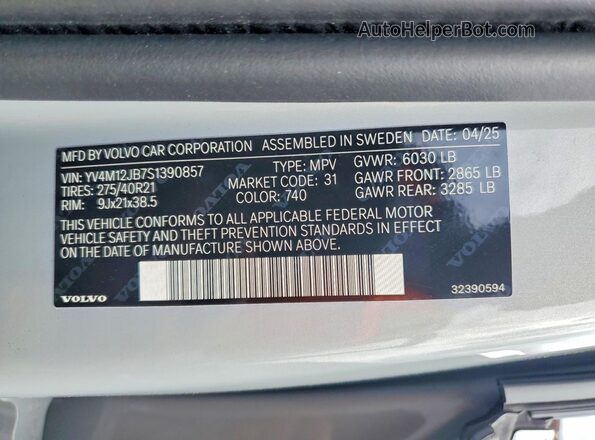 YV4M12JB7S1390857 2025 VOLVO XC90 Gray VIN sticker view