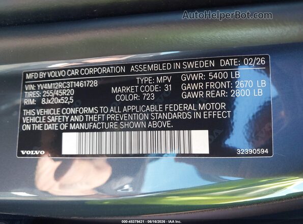 YV4M12RC3T1461728 2026 VOLVO XC60 Blue Vista del compartimento del motor