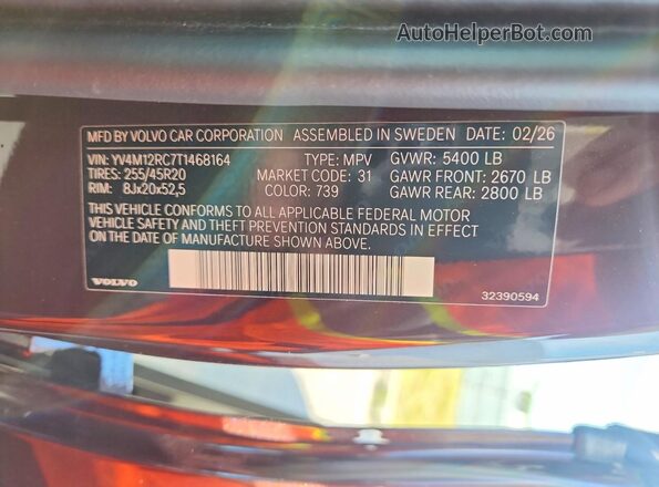 YV4M12RC7T1468164 2026 VOLVO XC60 Brown VIN sticker view