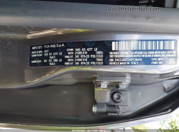 ZACCJAAT0GPC59410 2016 JEEP RENEGADE Gray Widok komory silnika