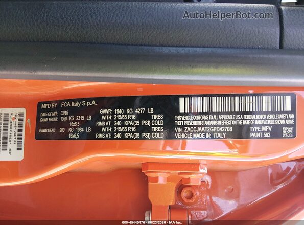 ZACCJAAT2GPD42708 2016 JEEP RENEGADE Orange Շարժիչի բաժամունքի տեսք