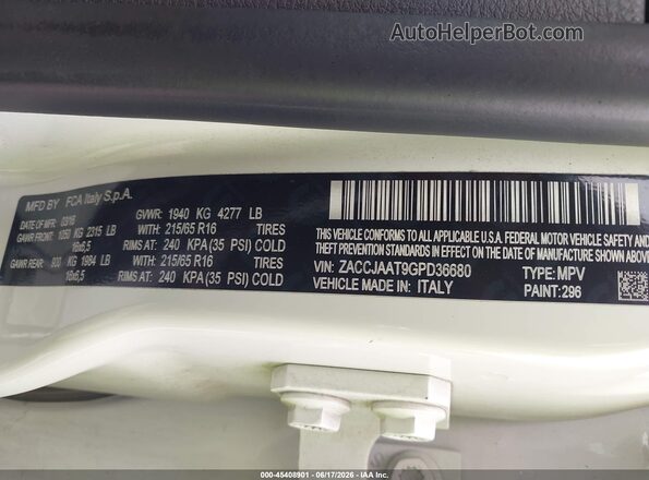 ZACCJAAT9GPD36680 2016 JEEP RENEGADE White Vista del compartimento del motor