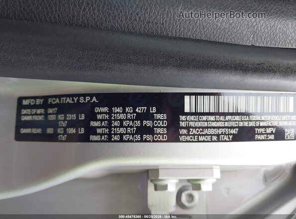 ZACCJABB5HPF51447 2017 JEEP RENEGADE Silver Շարժիչի բաժամունքի տեսք