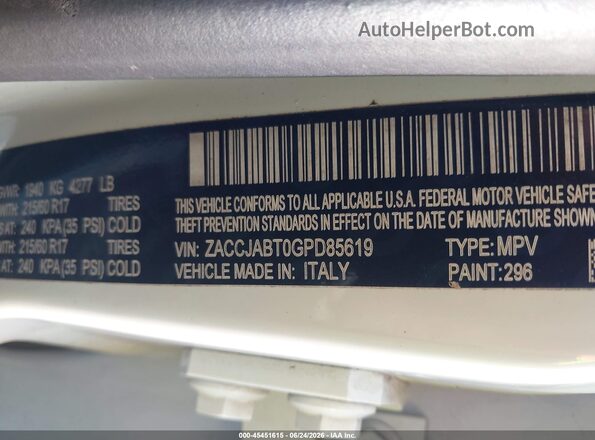 ZACCJABT0GPD85619 2016 JEEP RENEGADE White Շարժիչի բաժամունքի տեսք
