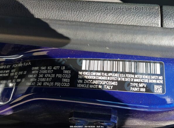 ZACCJABT3GPC55463 2016 JEEP RENEGADE Blue Vista del compartimento del motor