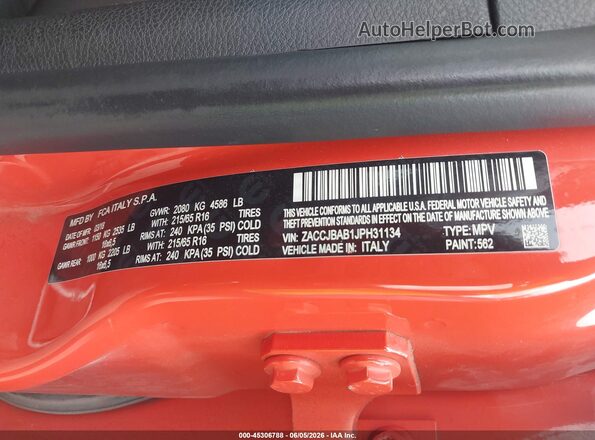 ZACCJBAB1JPH31134 2018 JEEP RENEGADE Оранжевый Вид подкапотного пространства