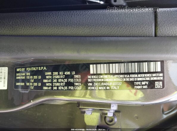ZACCJBAB9JPJ22337 2018 JEEP RENEGADE Серый Вид подкапотного пространства