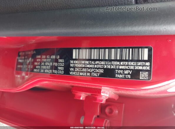 ZACCJBBT4GPC54392 2016 JEEP RENEGADE Red Vista del compartimento del motor
