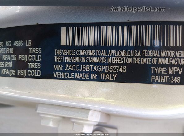 ZACCJBBTXGPD52746 2016 JEEP RENEGADE Silver Vista del compartimento del motor