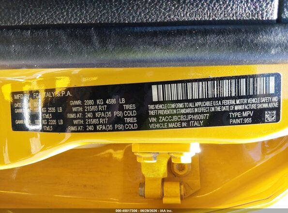 ZACCJBCB2JPH60977 2018 JEEP RENEGADE Yellow ძრავის განყოფილების ხედი