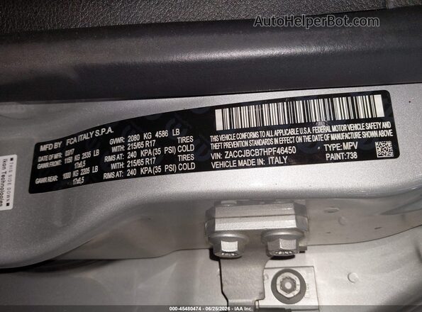 ZACCJBCB7HPF46450 2017 JEEP RENEGADE Silver ძრავის განყოფილების ხედი