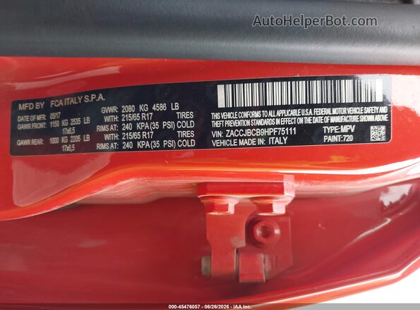 ZACCJBCB9HPF75111 2017 JEEP RENEGADE Orange Engine compartment view