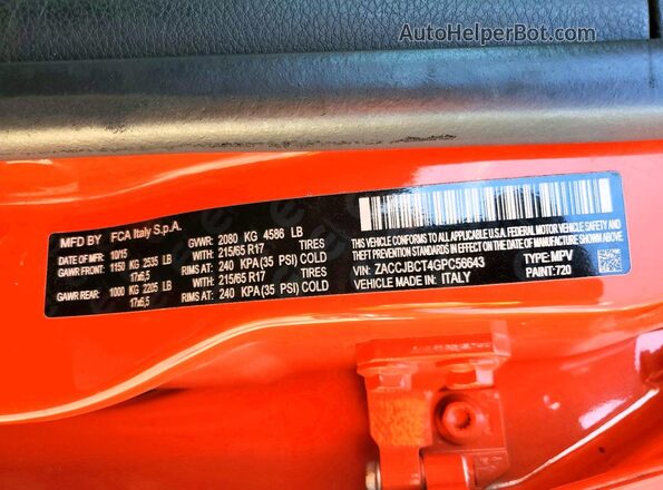 ZACCJBCT4GPC56643 2016 JEEP RENEGADE Оранжевый Панорамный вид салона 360°