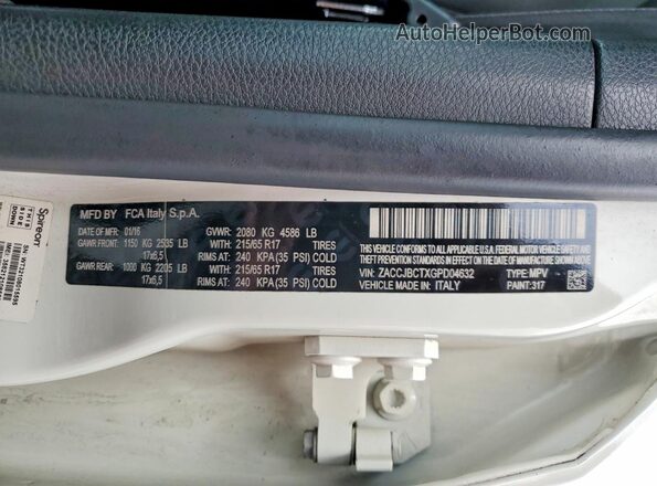 ZACCJBCTXGPD04632 2016 JEEP RENEGADE White VIN sticker view