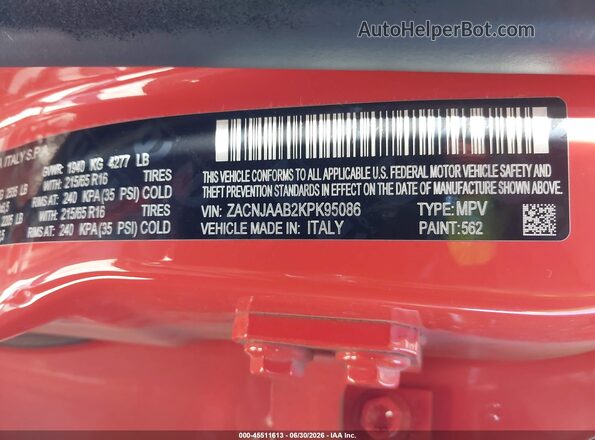 ZACNJAAB2KPK95086 2019 JEEP RENEGADE Orange ძრავის განყოფილების ხედი