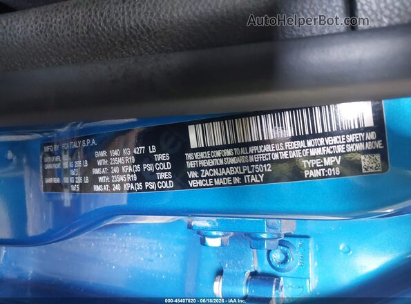 ZACNJAABXLPL75012 2020 JEEP RENEGADE Синий Вид подкапотного пространства