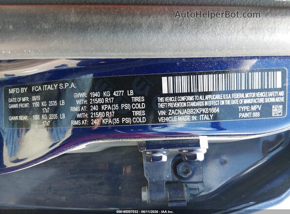 ZACNJABB2KPK61664 2019 JEEP RENEGADE Blue Շարժիչի բաժամունքի տեսք
