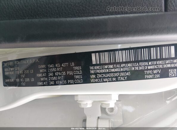 ZACNJABB3KPJ90345 2019 JEEP RENEGADE White Vista del compartimento del motor