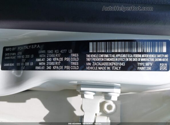 ZACNJABB3KPK81843 2019 JEEP RENEGADE White Vista del compartimento del motor