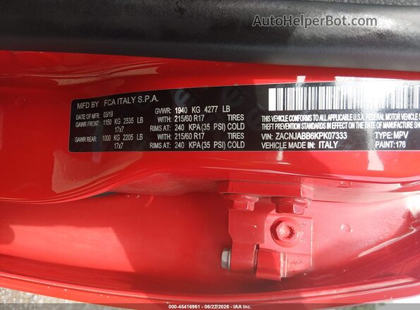 ZACNJABB6KPK07333 2019 JEEP RENEGADE Red ძრავის განყოფილების ხედი