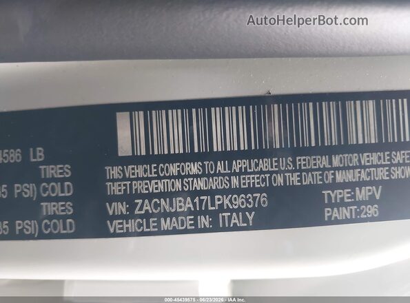 ZACNJBA17LPK96376 2020 JEEP RENEGADE White Widok komory silnika