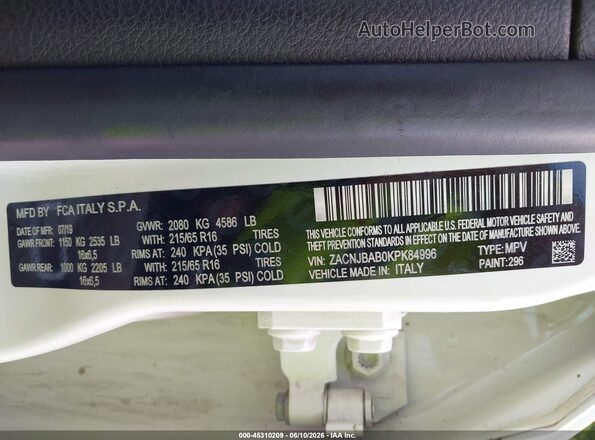 ZACNJBAB0KPK84996 2019 JEEP RENEGADE Белый Вид подкапотного пространства