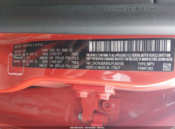 ZACNJBAB0LPL69158 2020 JEEP RENEGADE Orange Շարժիչի բաժամունքի տեսք