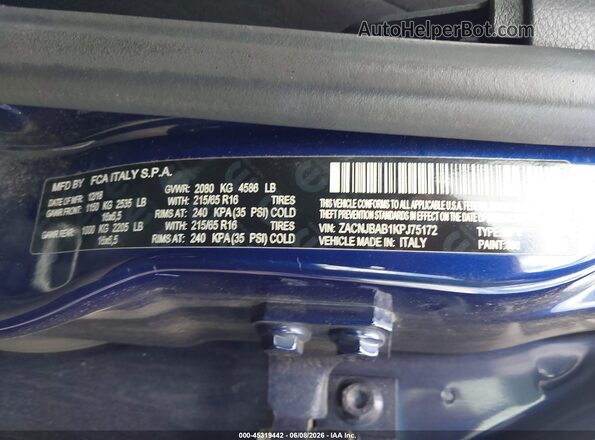 ZACNJBAB1KPJ75172 2019 JEEP RENEGADE Синий 