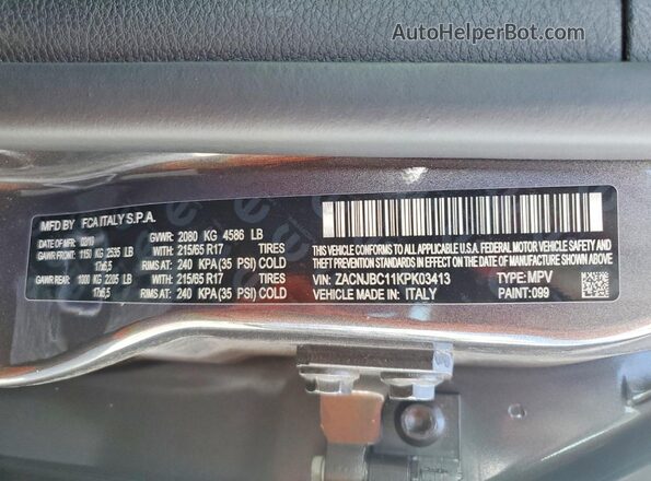 ZACNJBC11KPK03413 2019 JEEP RENEGADE Gray VIN კოდის სტიკერის ხედი