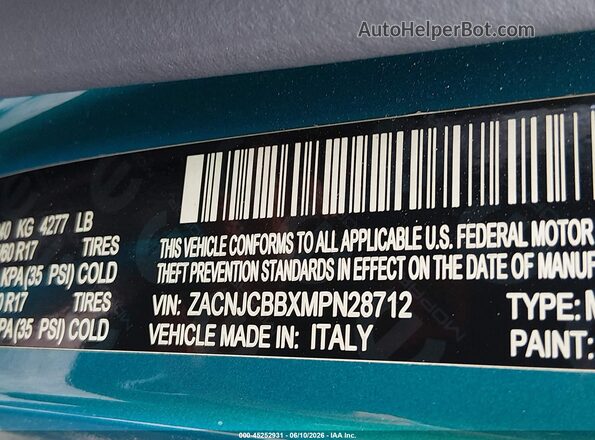 ZACNJCBBXMPN28712 2021 JEEP RENEGADE Teal Вид підкапотного простору