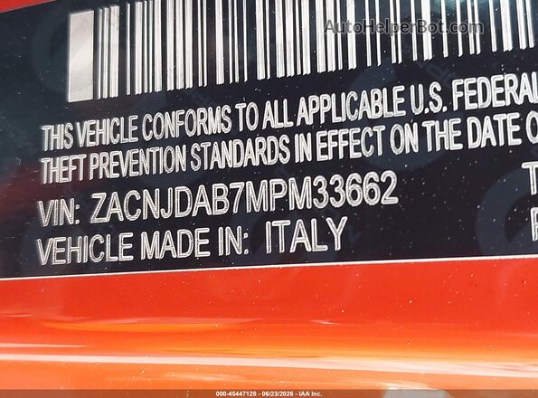 ZACNJDAB7MPM33662 2021 JEEP RENEGADE Orange ძრავის განყოფილების ხედი
