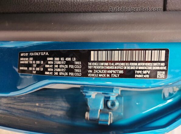 ZACNJDB14NPN77385 2022 JEEP RENEGADE Бирюзовый 