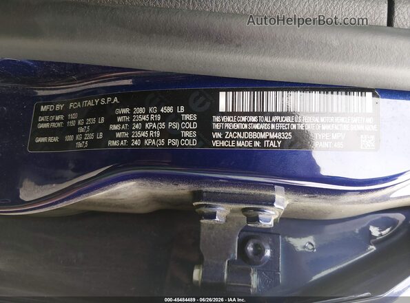 ZACNJDBB0MPM48325 2021 JEEP RENEGADE Blue Engine compartment view