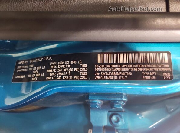 ZACNJDBB9MPM47920 2021 JEEP RENEGADE Turquoise Vista de la etiqueta del VIN