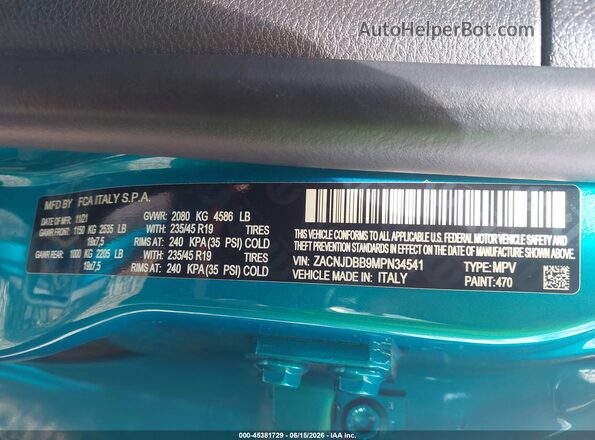 ZACNJDBB9MPN34541 2021 JEEP RENEGADE Turquoise Widok komory silnika