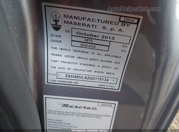 ZAM45VLA2G0175134 2016 MASERATI GRANTURISM Gray VIN sticker view