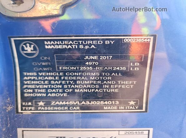 ZAM45VLA3J0254013 2018 MASERATI GRANTURISM Blue ძრავის განყოფილების ხედი