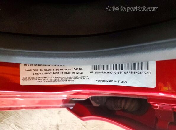 ZAM57RSA3H1217216 2017 MASERATI GHIBLI Maroon Engine compartment view