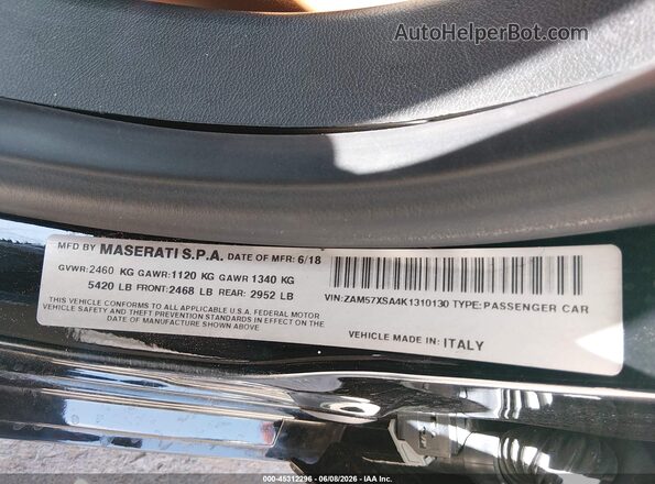 ZAM57XSA4K1310130 2019 MASERATI GHIBLI Black Շարժիչի բաժամունքի տեսք