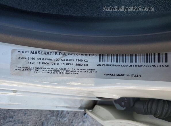 ZAM57XSA4K1325128 2019 MASERATI GHIBLI White Widok naklejki z numerem VIN