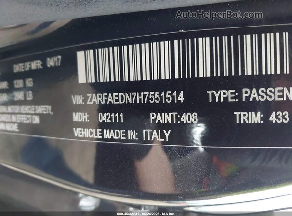 ZARFAEDN7H7551514 2017 ALFA ROMEO GIULIA Black Շարժիչի բաժամունքի տեսք