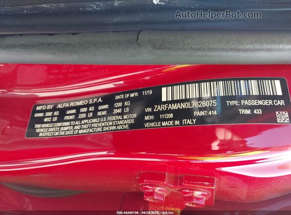ZARFAMAN0L7626075 2020 ALFA ROMEO GIULIA Red Շարժիչի բաժամունքի տեսք