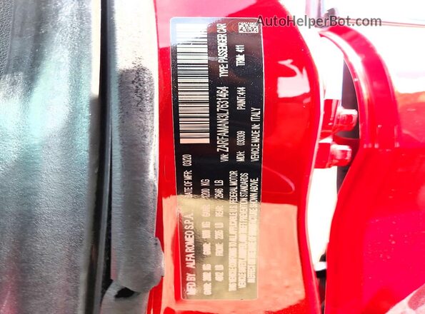 ZARFAMAN3L7631464 2020 ALFA ROMEO GIULIA Red Vista de la etiqueta del VIN