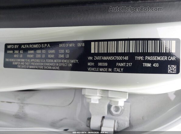 ZARFAMAN5K7600148 2019 ALFA ROMEO GIULIA Белый 