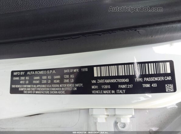 ZARFAMAN6K7609649 2019 ALFA ROMEO GIULIA White Շարժիչի բաժամունքի տեսք