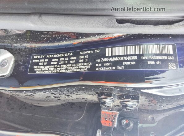 ZARFAMANXM7646366 2021 ALFA ROMEO GIULIA Black Vista frontal