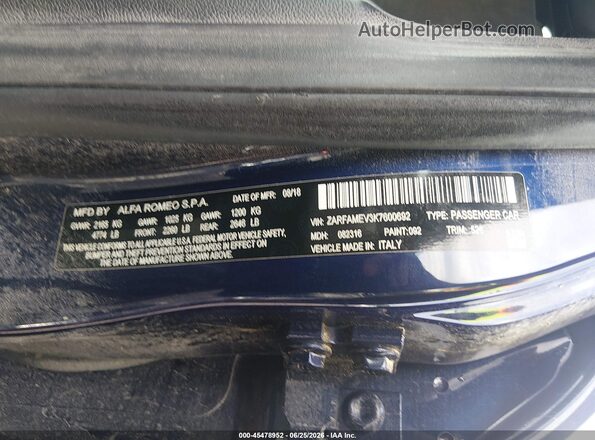 ZARFAMEV3K7600692 2019 ALFA ROMEO GIULIA Blue Вид підкапотного простору
