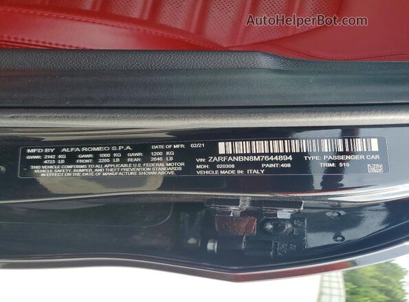 ZARFANBN8M7644894 2021 ALFA ROMEO GIULIA Charcoal Vista del compartimento del motor
