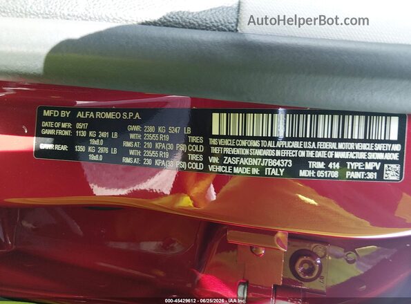 ZASFAKBN7J7B64373 2018 ALFA ROMEO STELVIO Красный Вид подкапотного пространства